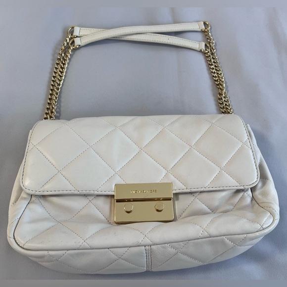Michael Kors Sloan XL Chain Leather Shoulder Bag Ivory Gold & Wallet - Picture 8 of 16